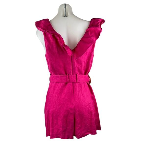 Mango MNG 100% Linen Pink Ruffle Belted V-Neck Sleeveless Jumpsuit Romper Size L - Picture 2 of 4